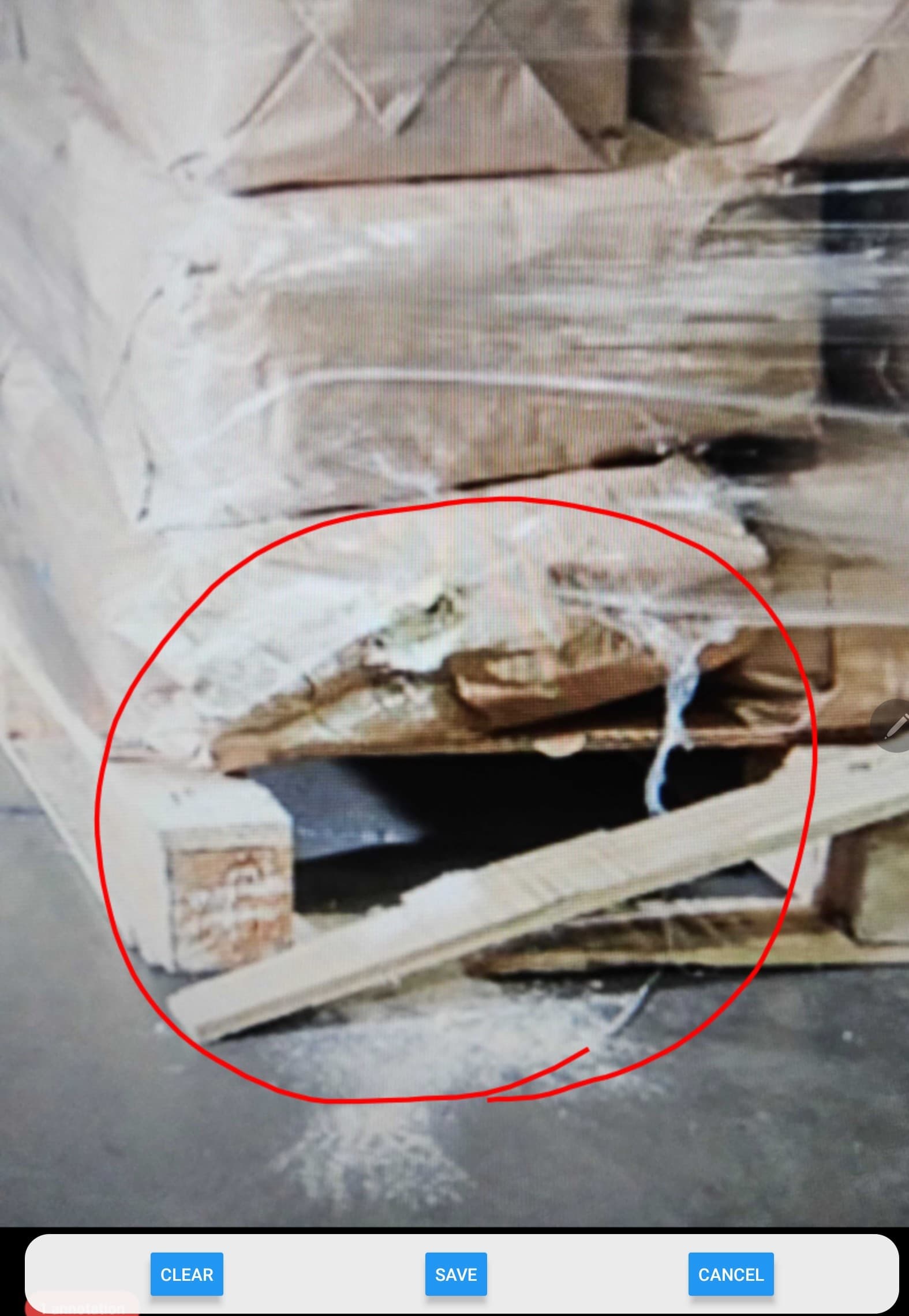 CargoLens damage inspection - red circle annotation on damaged freight